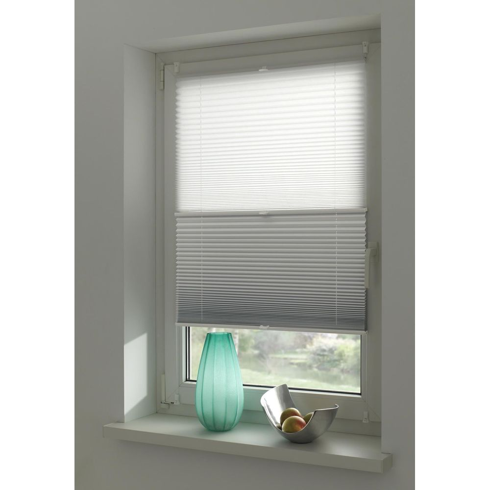 Fenster mit Plissees, Vase und Obstschale auf der Fensterbank.
