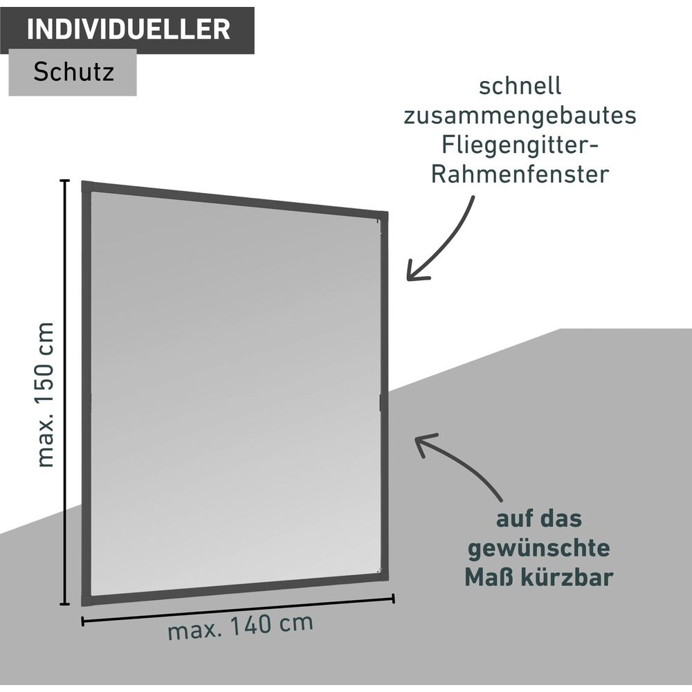Ein graues Rahmfenster mit den Maßen 140 x 150 cm.