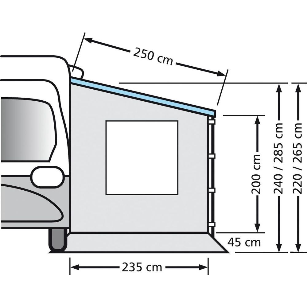 Schnittzeichnung eines Wohnmobils mit Maßen: 250cm Breite, 235cm Tiefe, 200-285cm Höhe.