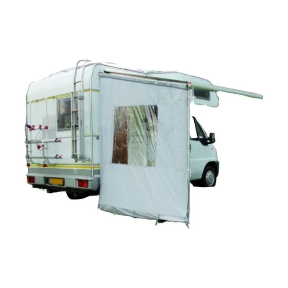 Ein Wohnmobil mit einer weißen Markise und einem Fenster.
