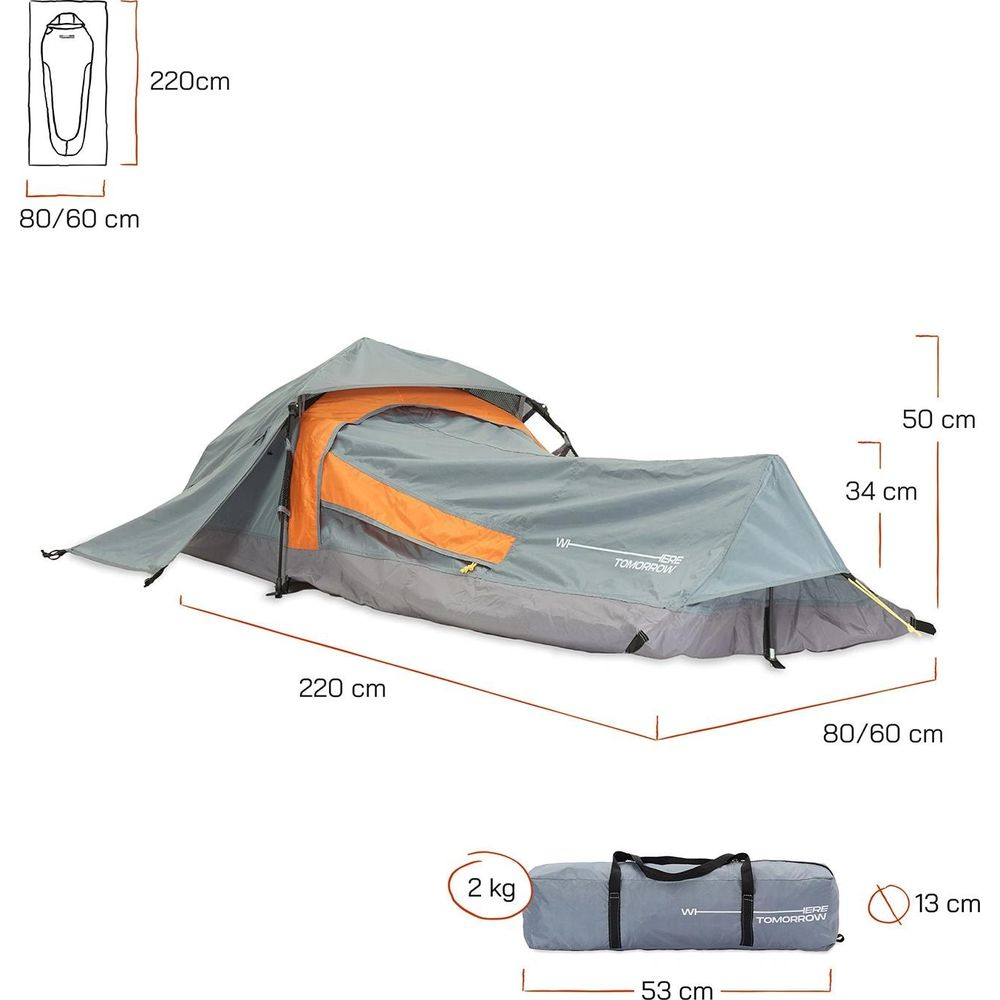 Ein graues und orangefarbenes Ein-Personen-Zelt, 220cm lang, 2kg schwer, Maße sind angegeben.
