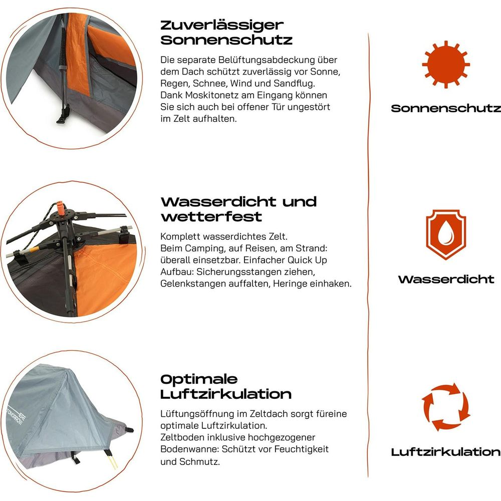 Ein Zelt mit Sonnenschutz, Wasserdichtigkeit und Belüftung.