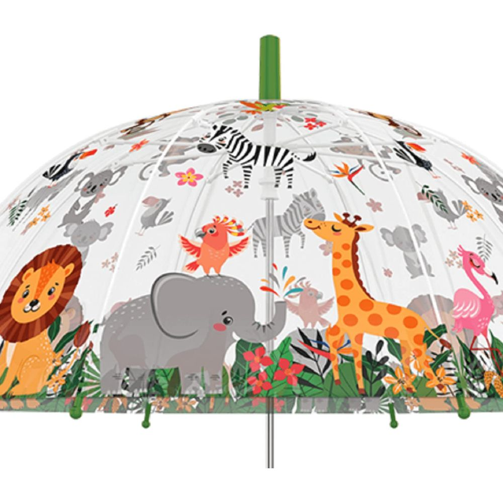 Ein transparenter Regenschirm mit Dschungeltieren wie Löwen, Elefanten, Giraffen und Zebras.