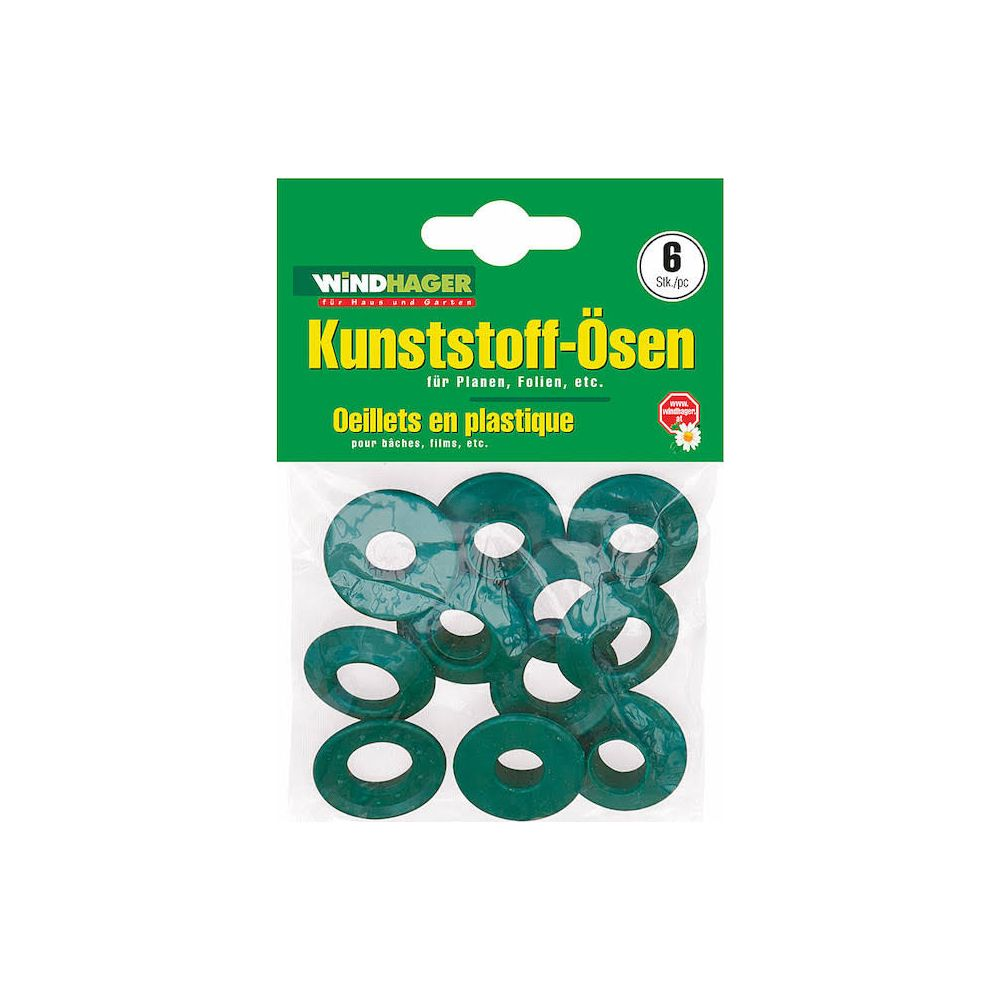 Verpackung mit 6 grünen Kunststoffösen für Planen und Folien.
