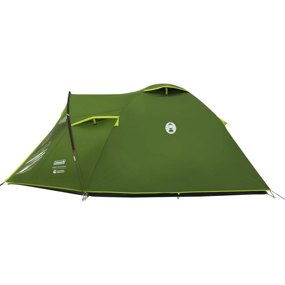 Una tenda verde con accenti verde lime su sfondo bianco.
