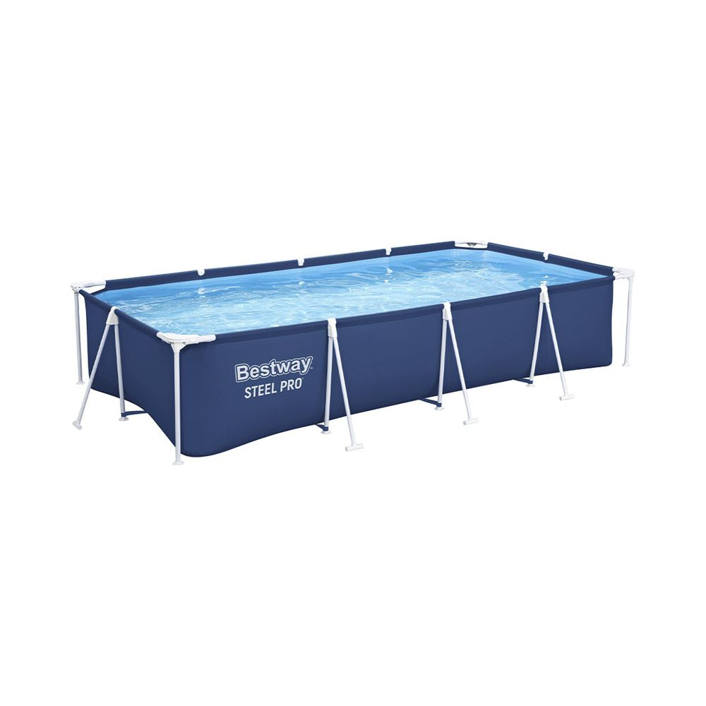 Une piscine rectangulaire hors sol avec un cadre bleu et de l'eau.