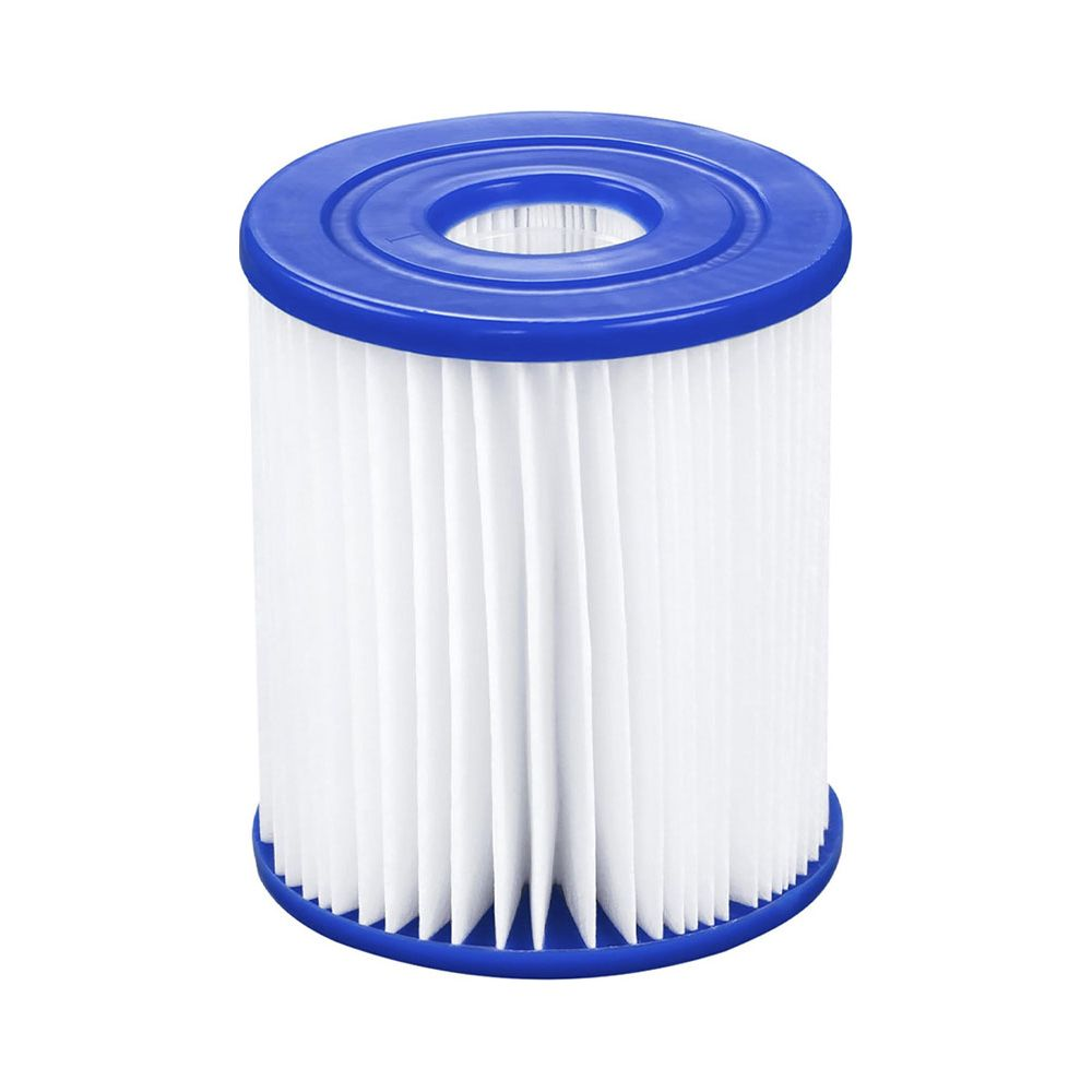 Un filtre plissé blanc avec des capuchons bleus sur fond blanc.