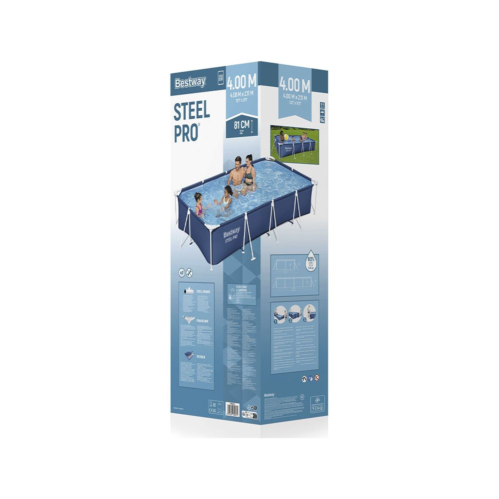 Boîte de piscine Bestway Steel Pro montrant une famille nageant dans une piscine bleue avec cadre en acier.