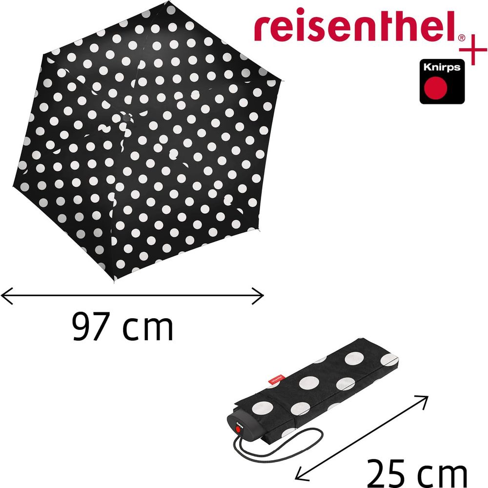 Schwarzer Regenschirm mit weißen Punkten, 97 cm Durchmesser, und zusammengeklappt 25 cm.