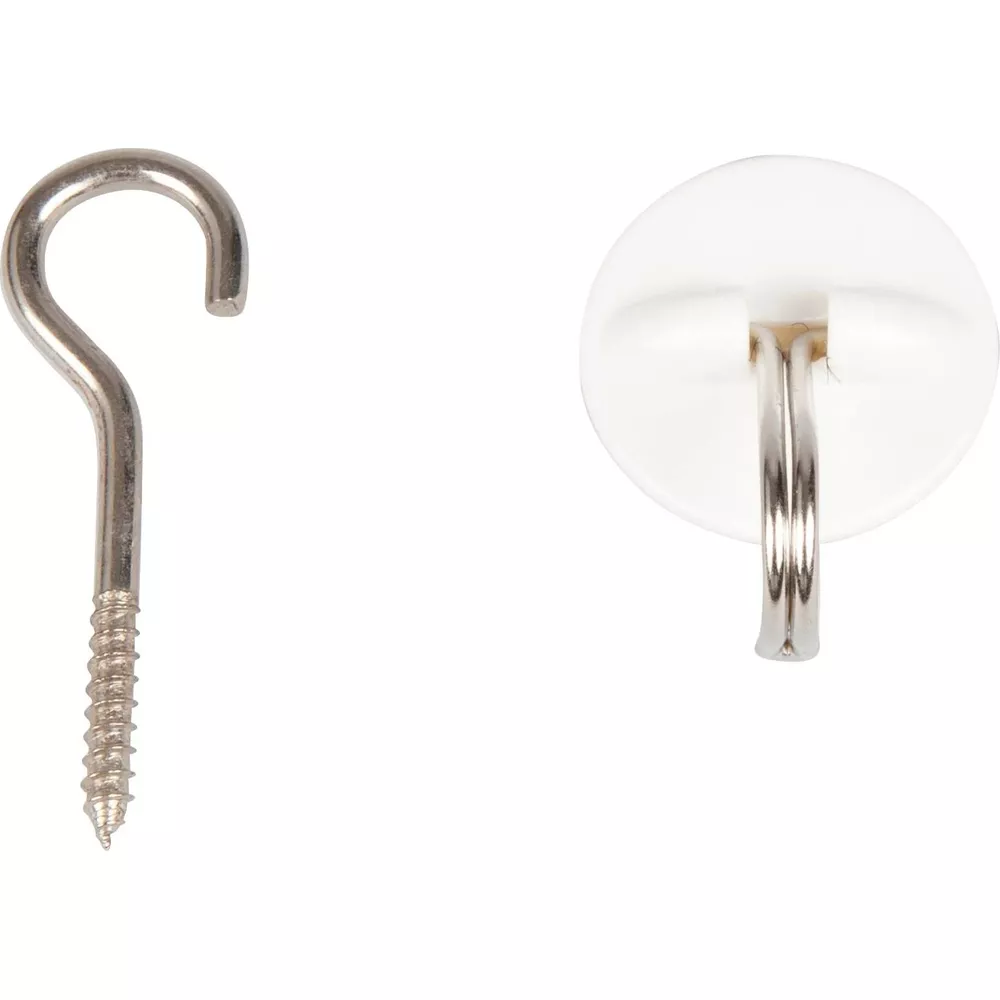 Ein metallischer Schraubhaken und ein weißer Klebehaken mit Metallring auf weißem Grund.
