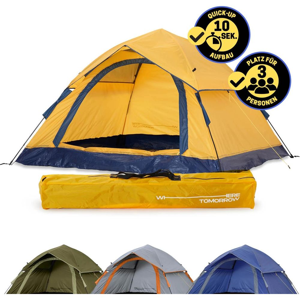 Tenda gialla con accenti blu, una borsa gialla sotto e altre tre tende.