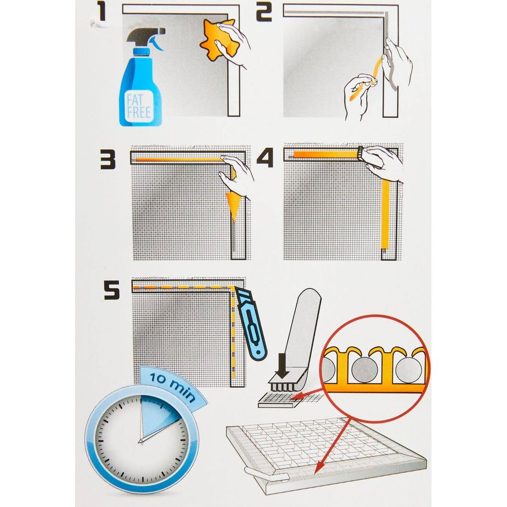Schritt-für-Schritt-Anleitung zum Anbringen eines Fliegengitters mit Spray, Klebeband und Schere.