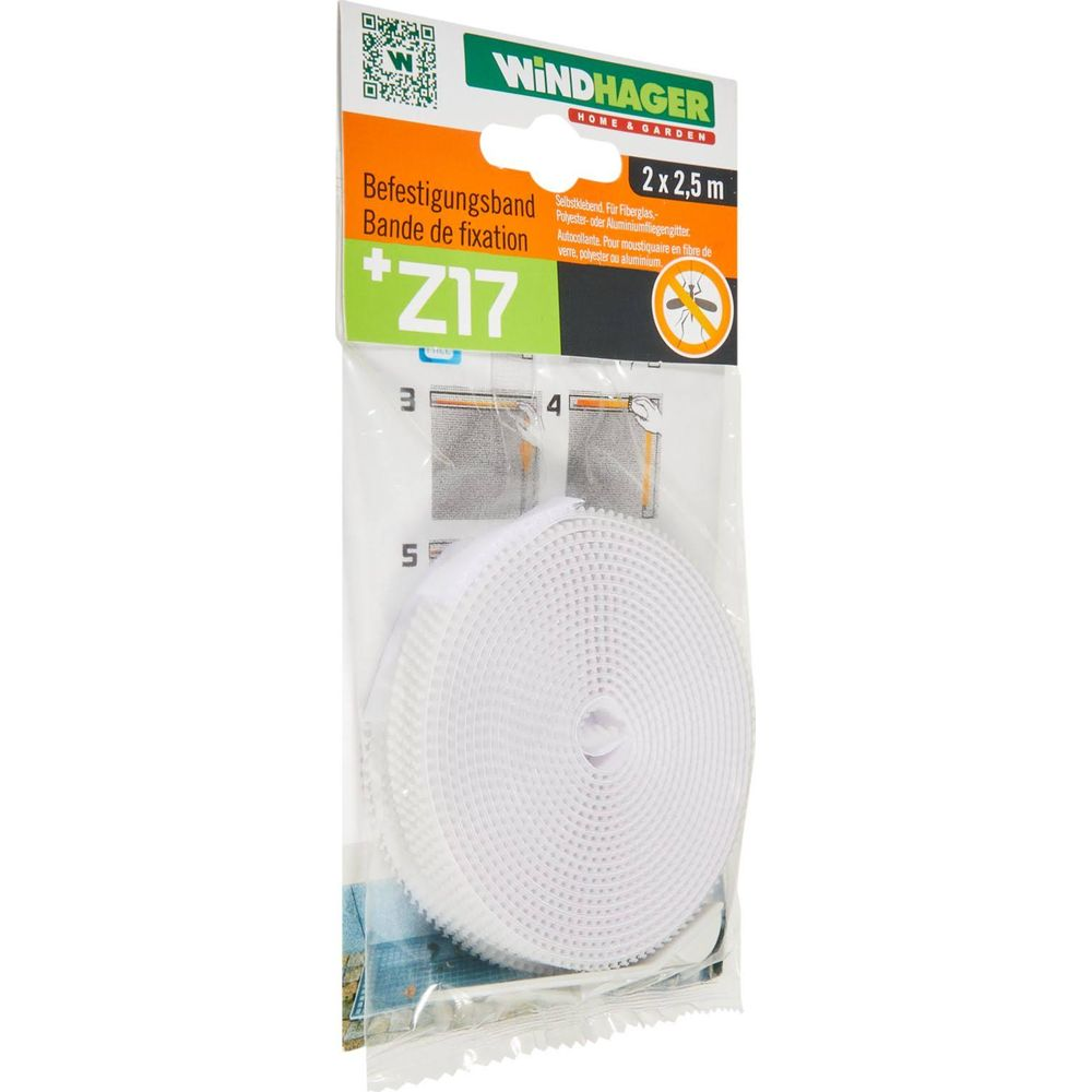 Verpackung für ein weißes Klettband zur Befestigung von Insektenschutzgittern.
