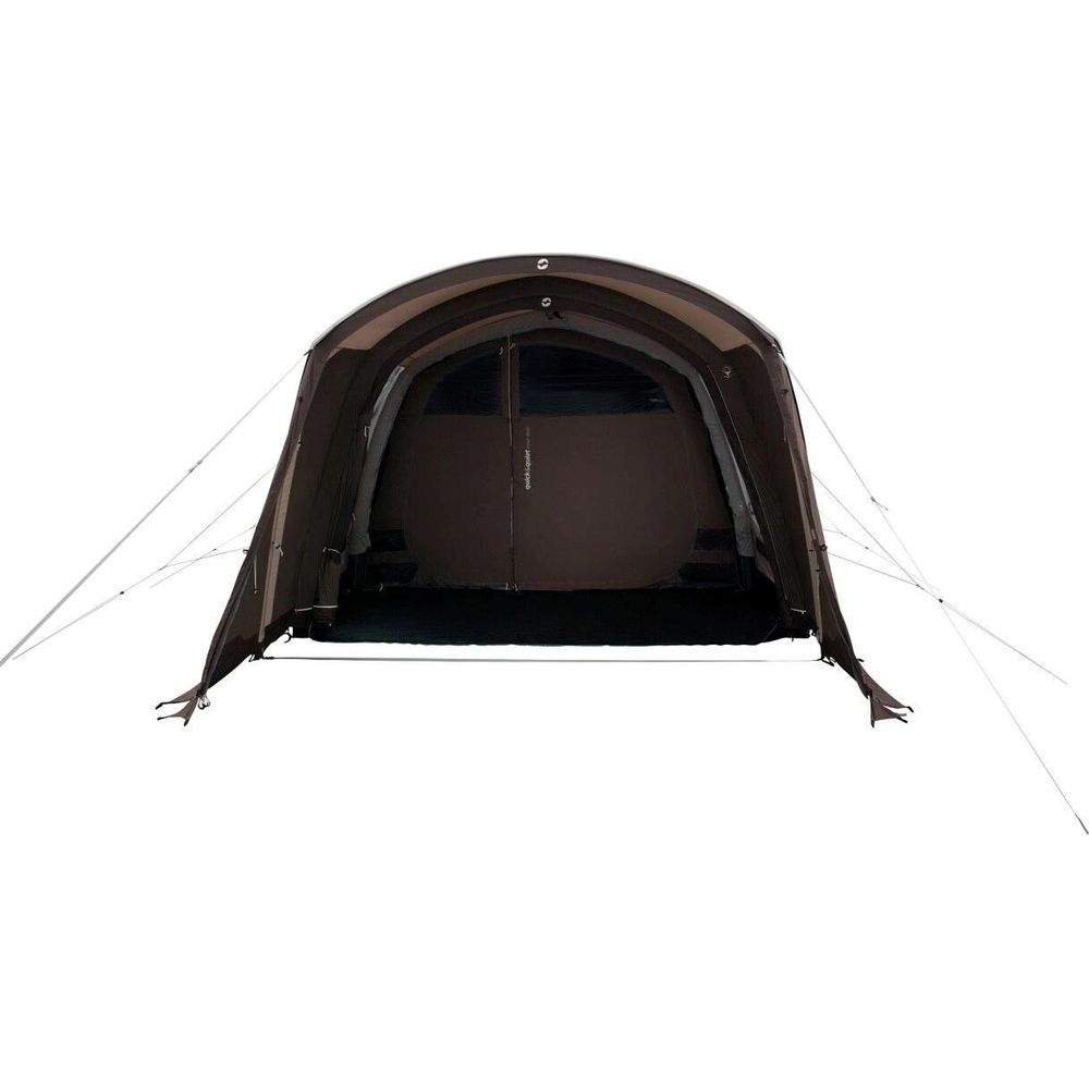 Una tenda marrone con tiranti bianchi su sfondo bianco.