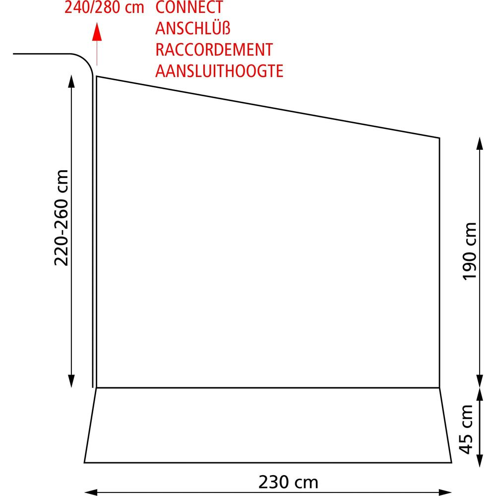 Diagramm zeigt Zeltmaße: 230cm Breite, 190cm Höhe, 45cm Sockel.