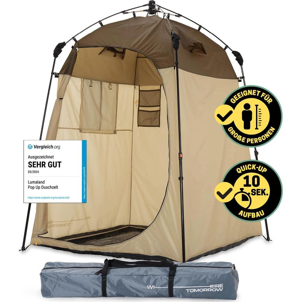 Una tenda doccia pop-up montata, beige con tetto marrone. Una borsa da trasporto davanti.
