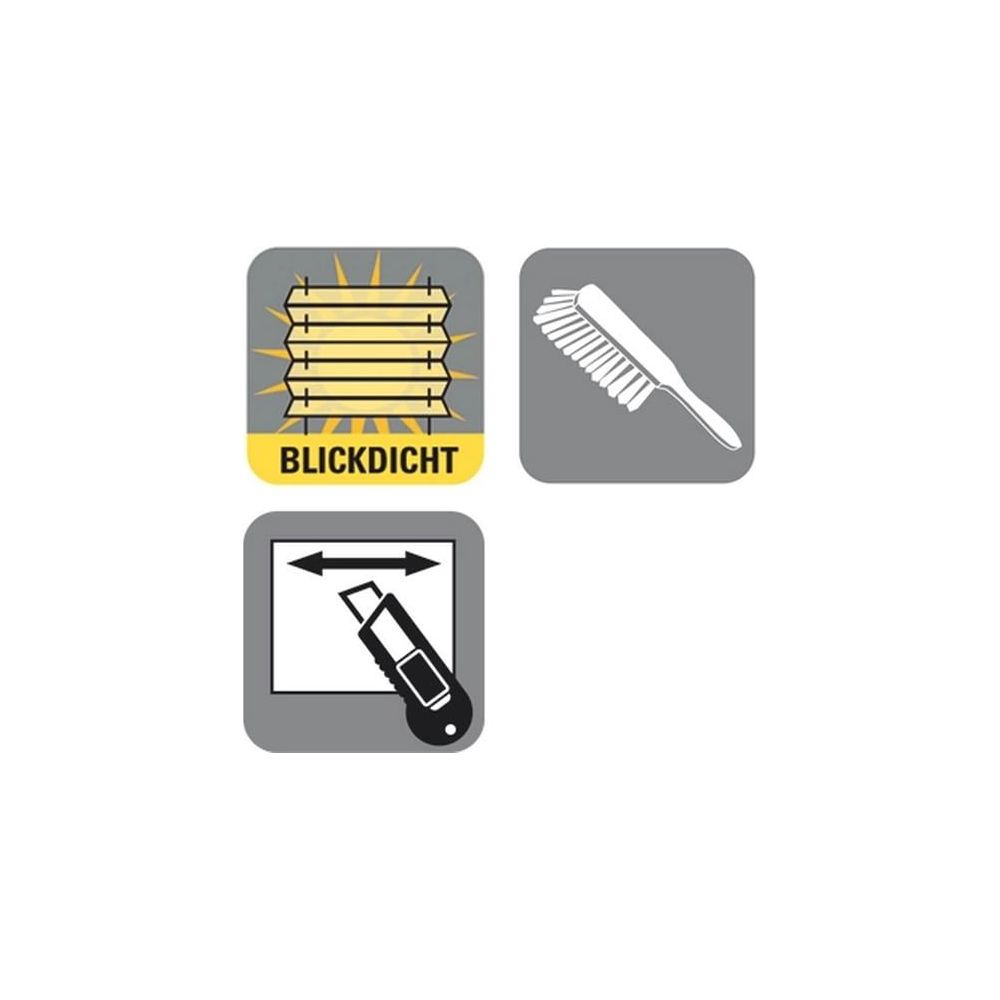 Drei Piktogramme: Blickdicht, Bürste, Cuttermesser mit Pfeil.