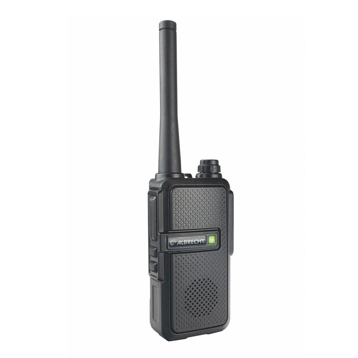 Radio portatile nera con antenna e LED verde.