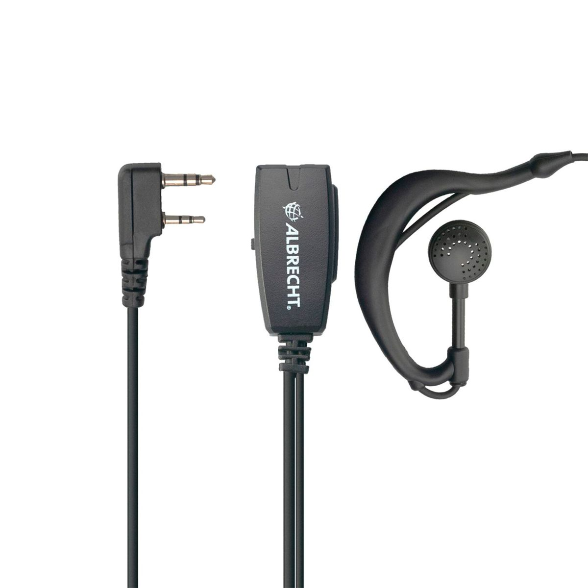 Auricolare Albrecht nero con spina a 2 pin e microfono in linea. Sfondo bianco.
