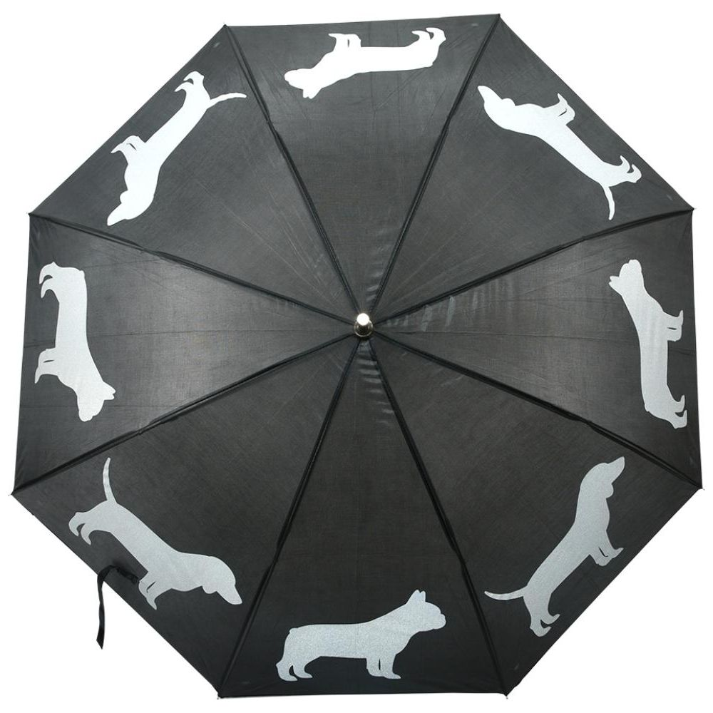 Schwarzer Regenschirm mit weißen Hundesilhouetten in verschiedenen Posen.