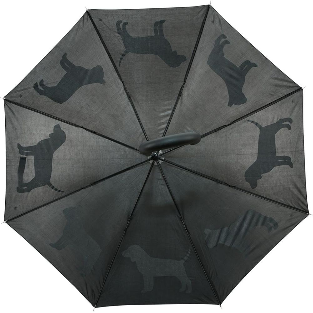 Schwarzer Regenschirm mit Silhouetten von Hunden auf jedem Segment.