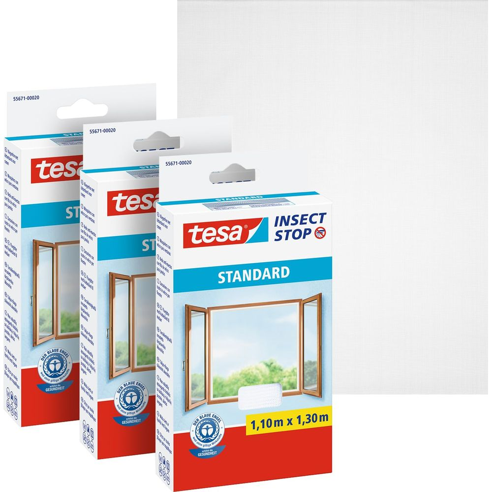 Trois paquets de Tesa Insect Stop Standard avec image de fenêtre et moustiquaire blanche.