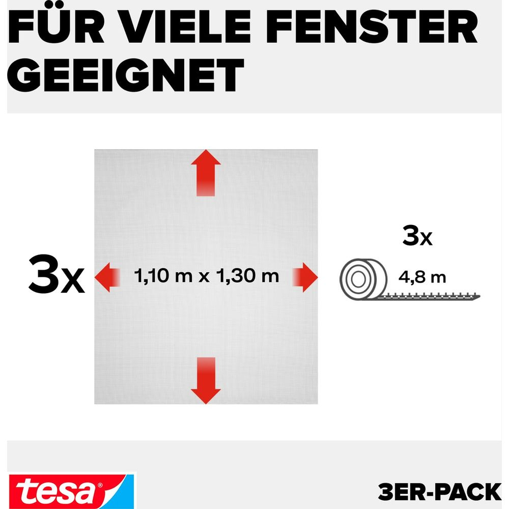 3x moustiquaires 1,10x1,30m, 3x rouleau 4,8m, logo Tesa.