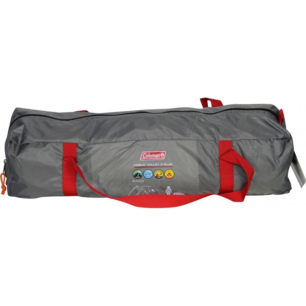 Borsa tenda Coleman grigia con cinghie rosse e logo.