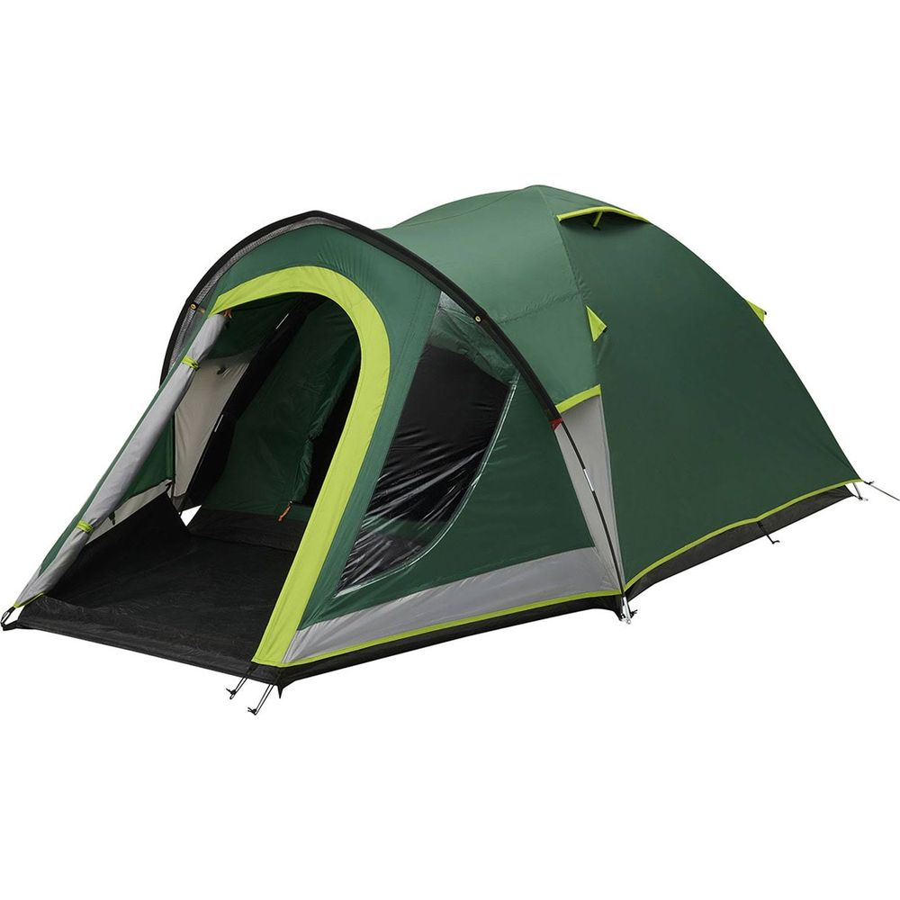 Una tenda verde con accenti verde lime e finestre trasparenti è mostrata su sfondo bianco.