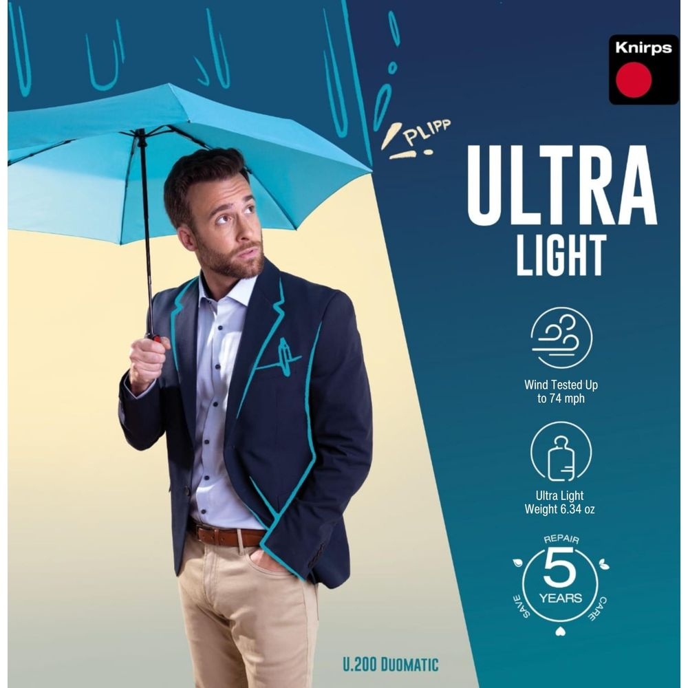 Mann mit hellblauem Regenschirm, dunkelblauem Sakko, beige Hose.