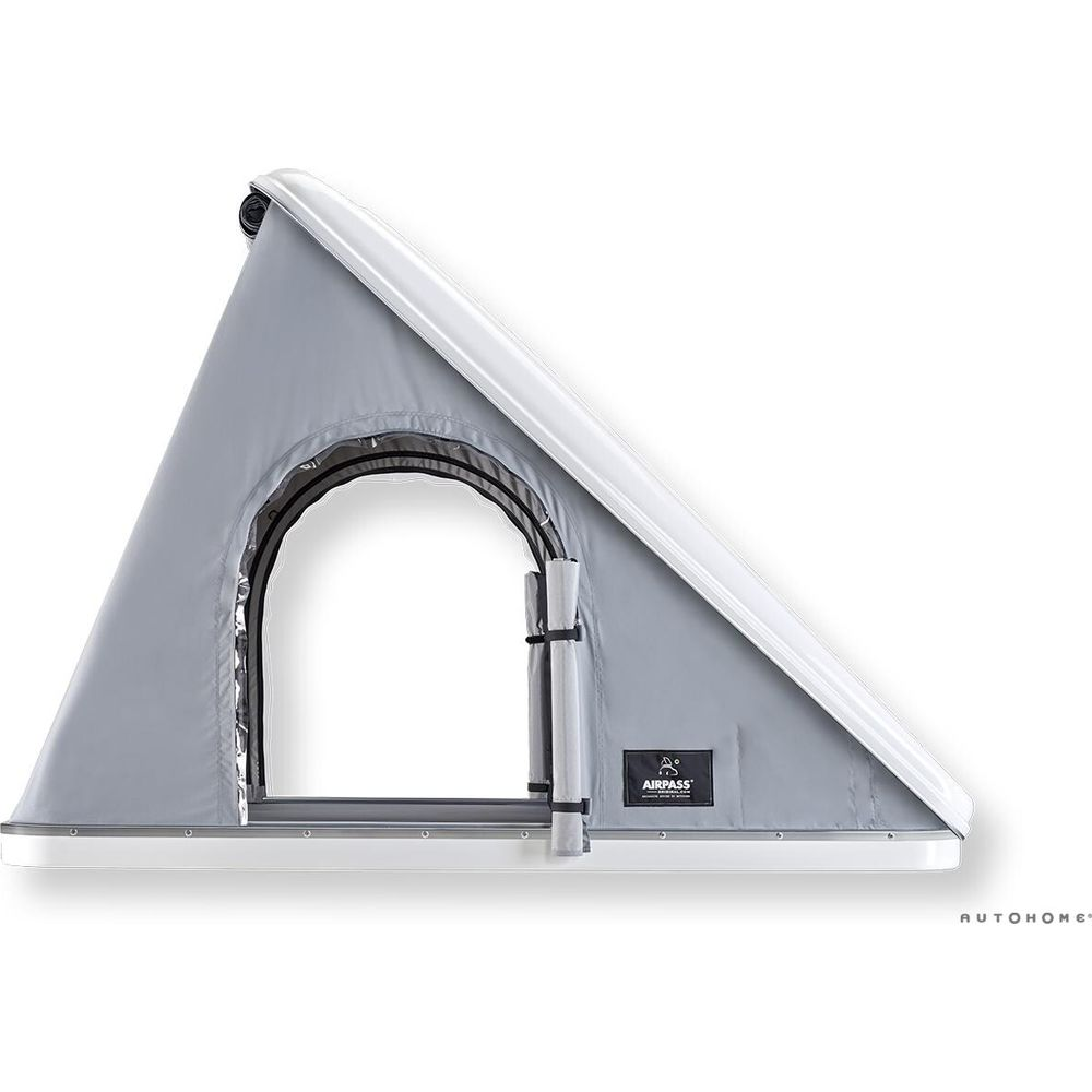 Tenda da tetto grigia con ingresso aperto e bordo bianco, su sfondo bianco.