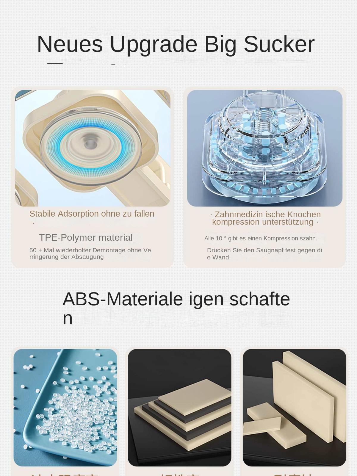 Produktbilder mit Textbeschreibungen zu Material und Funktion.