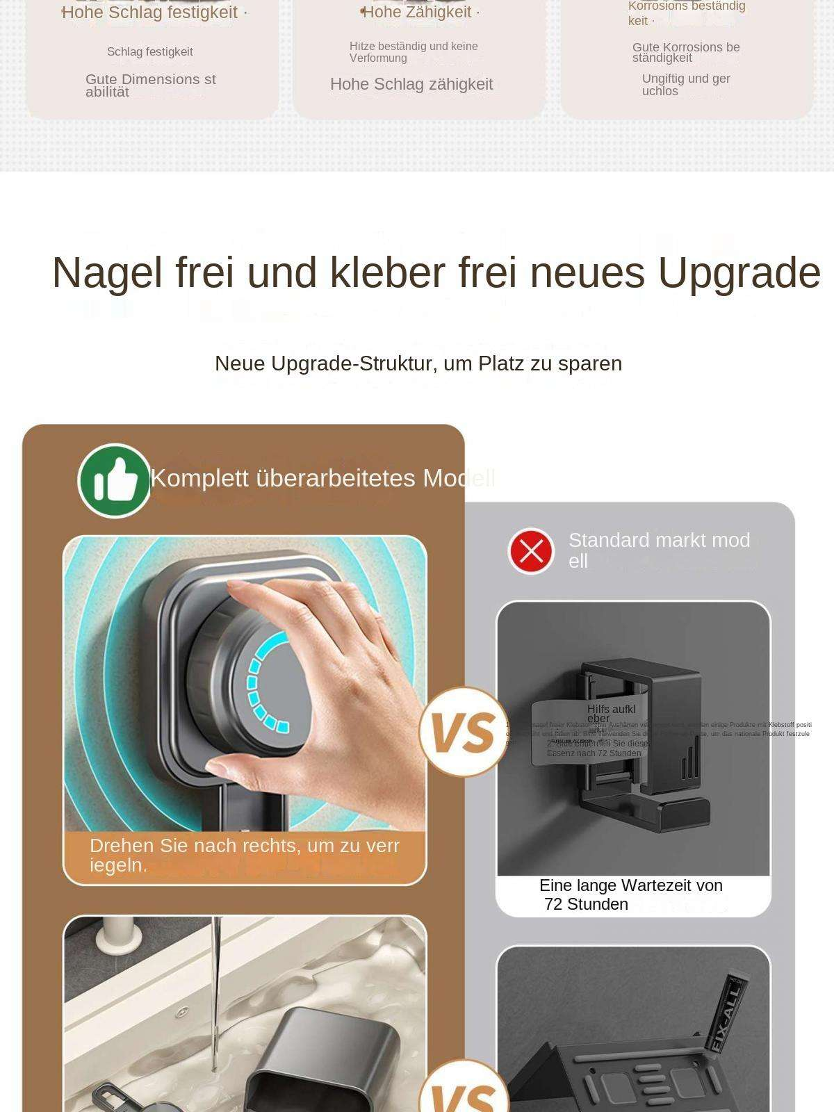 Nagelfreies und kleberfreies Upgrade mit neu gestalteter Struktur. Zeigt einen Drehmechanismus und einen Vergleich.