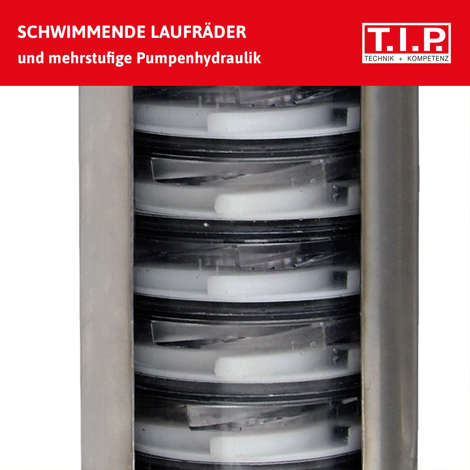 Mehrstufige Pumpenhydraulik mit schwimmenden Laufrädern im Detail.