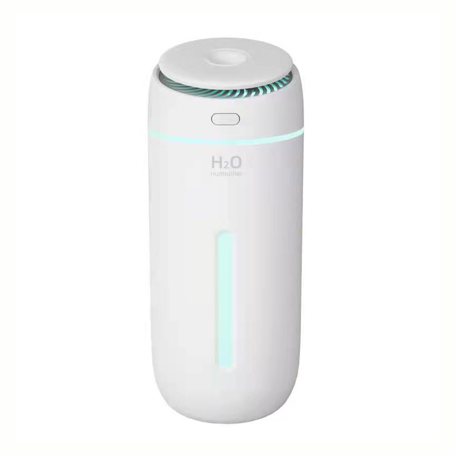 Ein weißer Luftbefeuchter mit H2O-Logo und blaugrünen Lichtern.