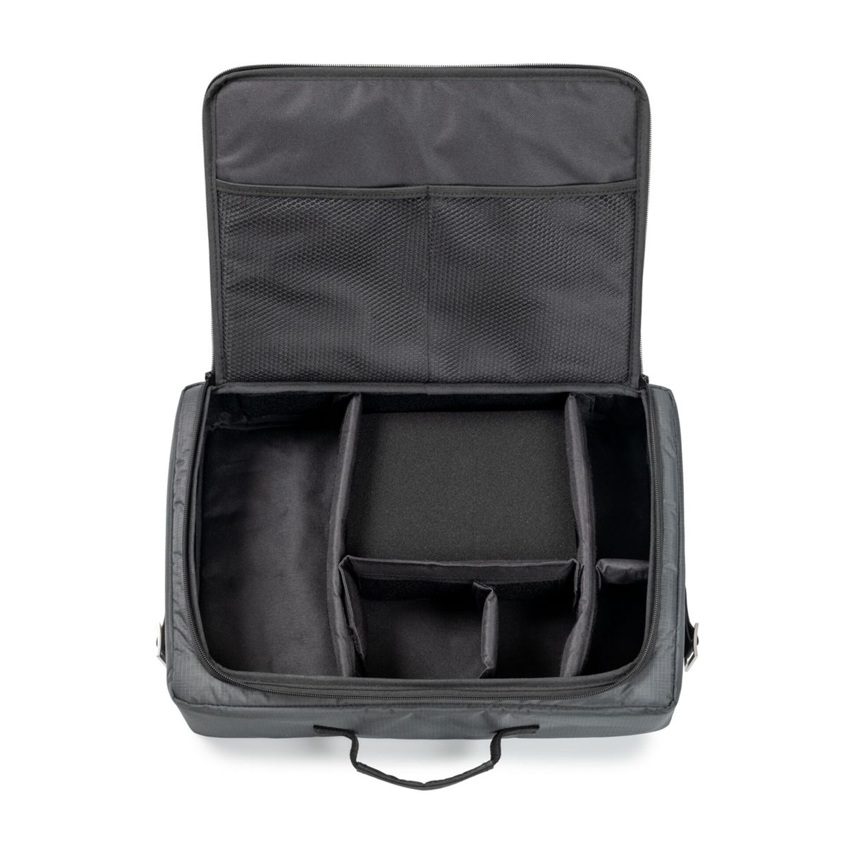 Borsa grigia aperta con più scomparti e tasche in rete nel coperchio.