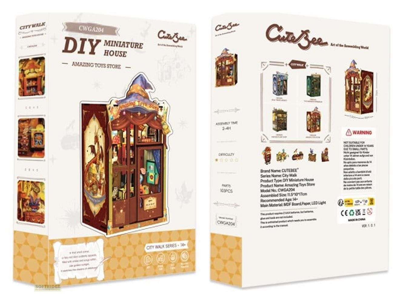 Emballage pour une boutique de miniatures DIY avec images détaillées et avertissements.