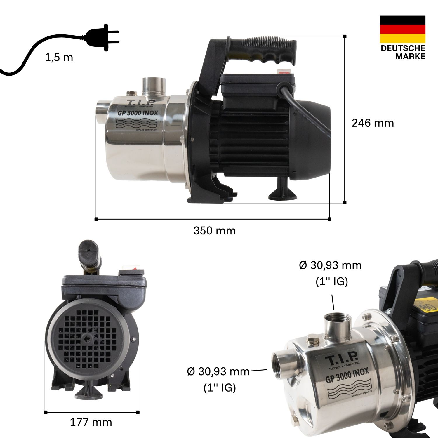 Edelstahl-Wasserpumpe GP 3000 INOX mit Maßen und deutschem Markenzeichen.