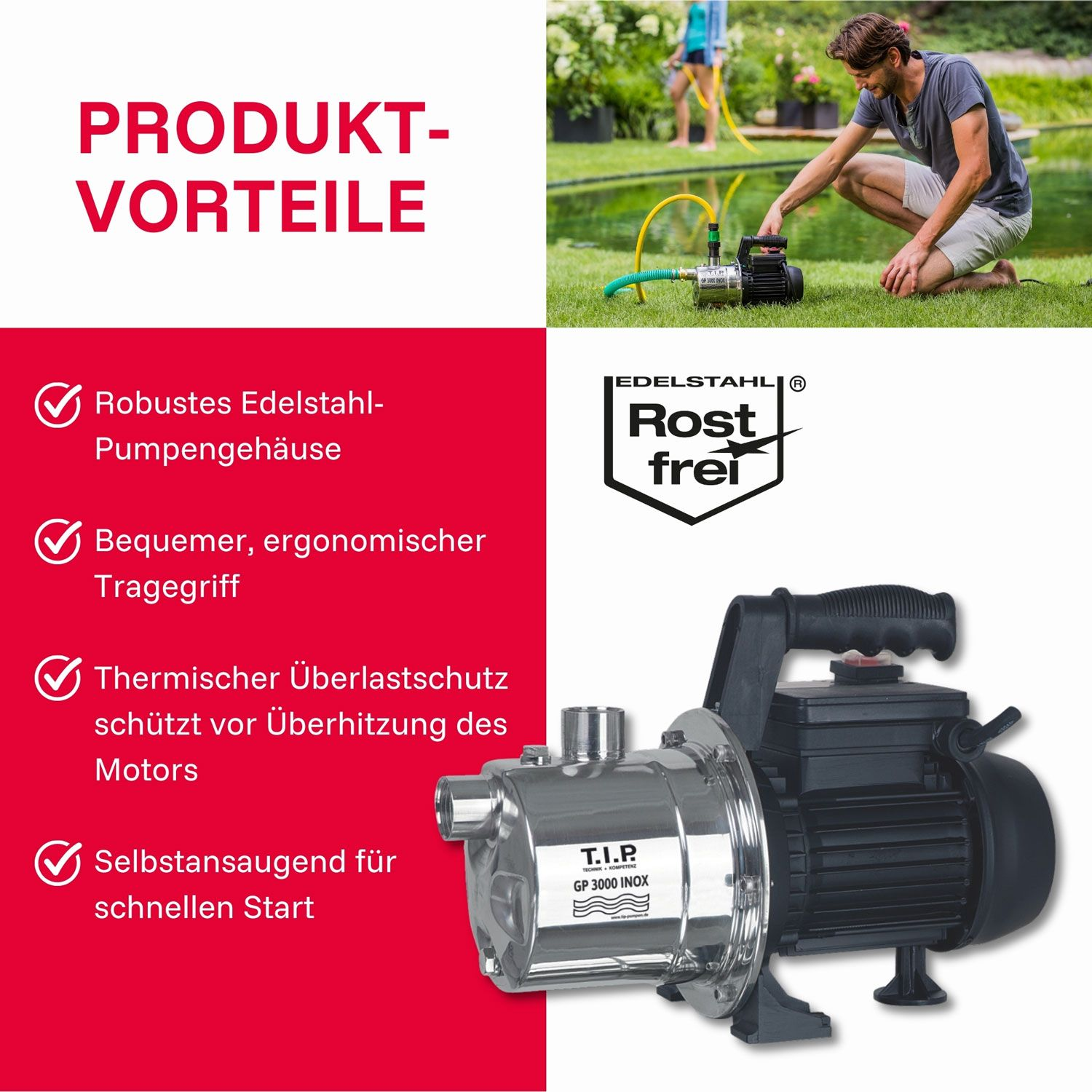 Gartenpumpe mit Edelstahlgehäuse, Mann im Garten, Liste von Vorteilen.