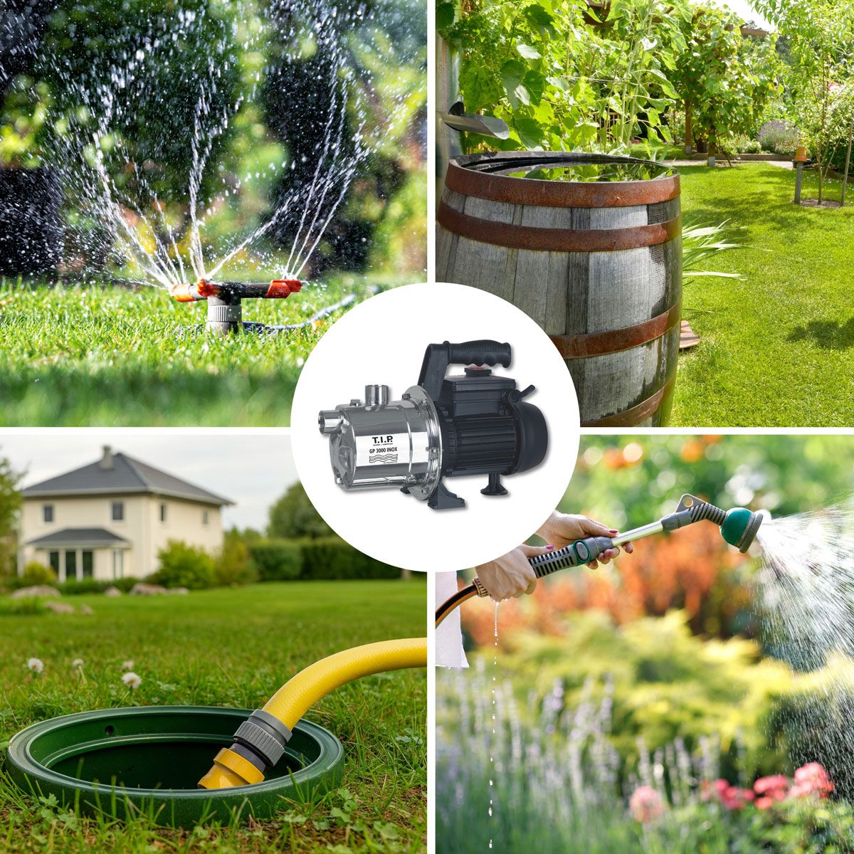 Gartenbewässerung: Sprinkler, Wasserfass, Haus, Pumpe, Gartenschlauch, Blumen.
