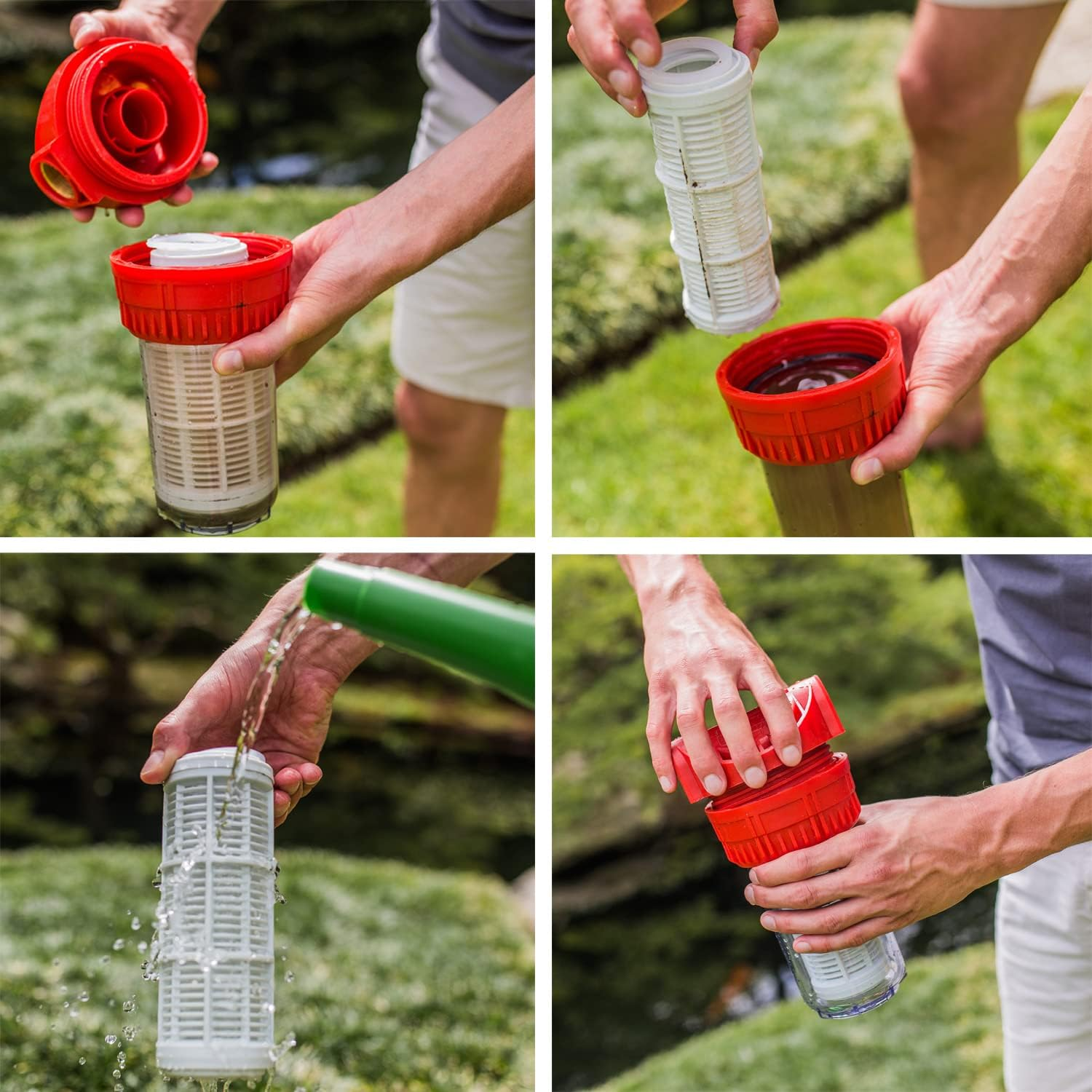 Vier Bilder zeigen, wie ein Mann einen Wasserfilter reinigt und zusammensetzt.
