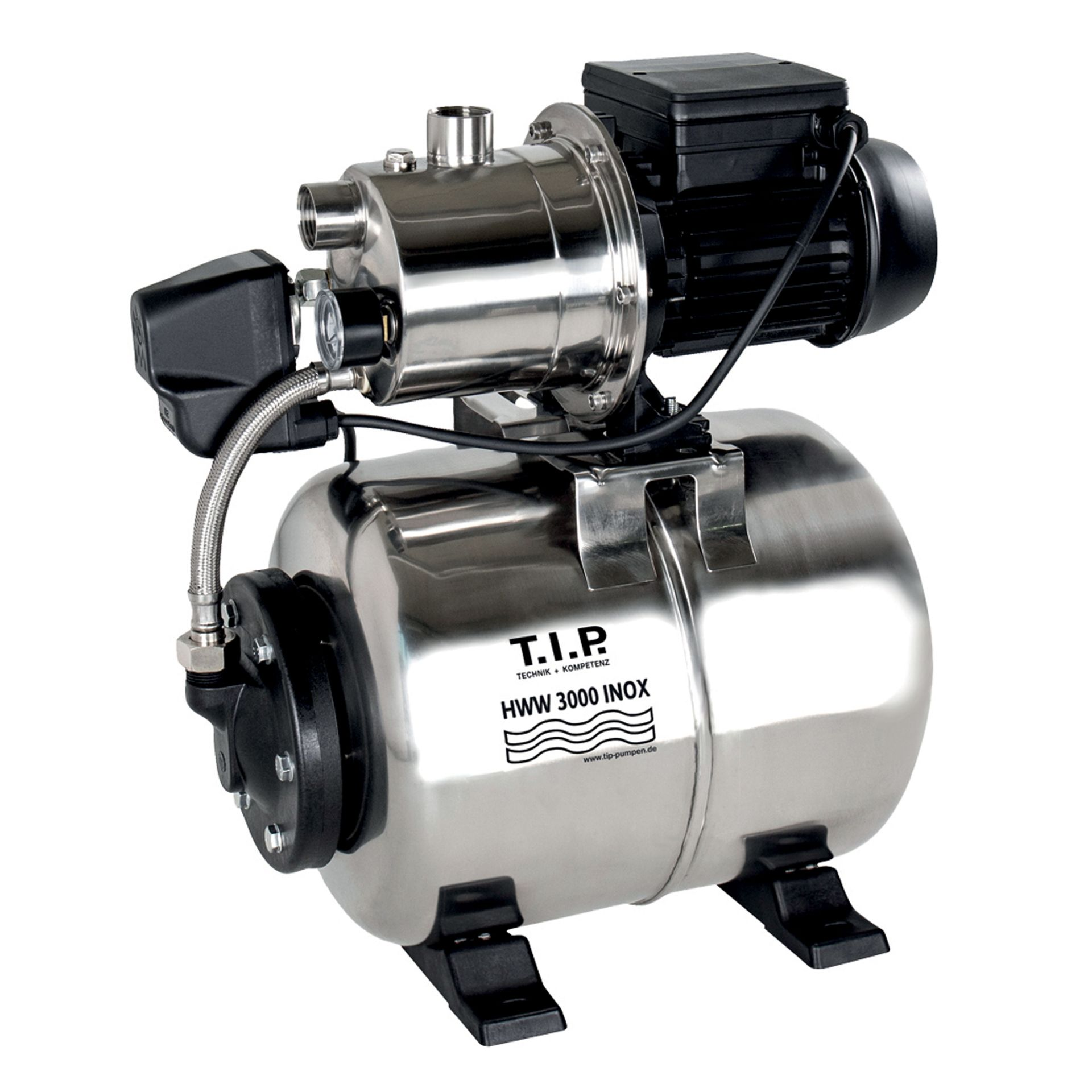 Edelstahl-Wasserpumpe mit schwarzem Motor und Druckanzeige auf weißem Grund.