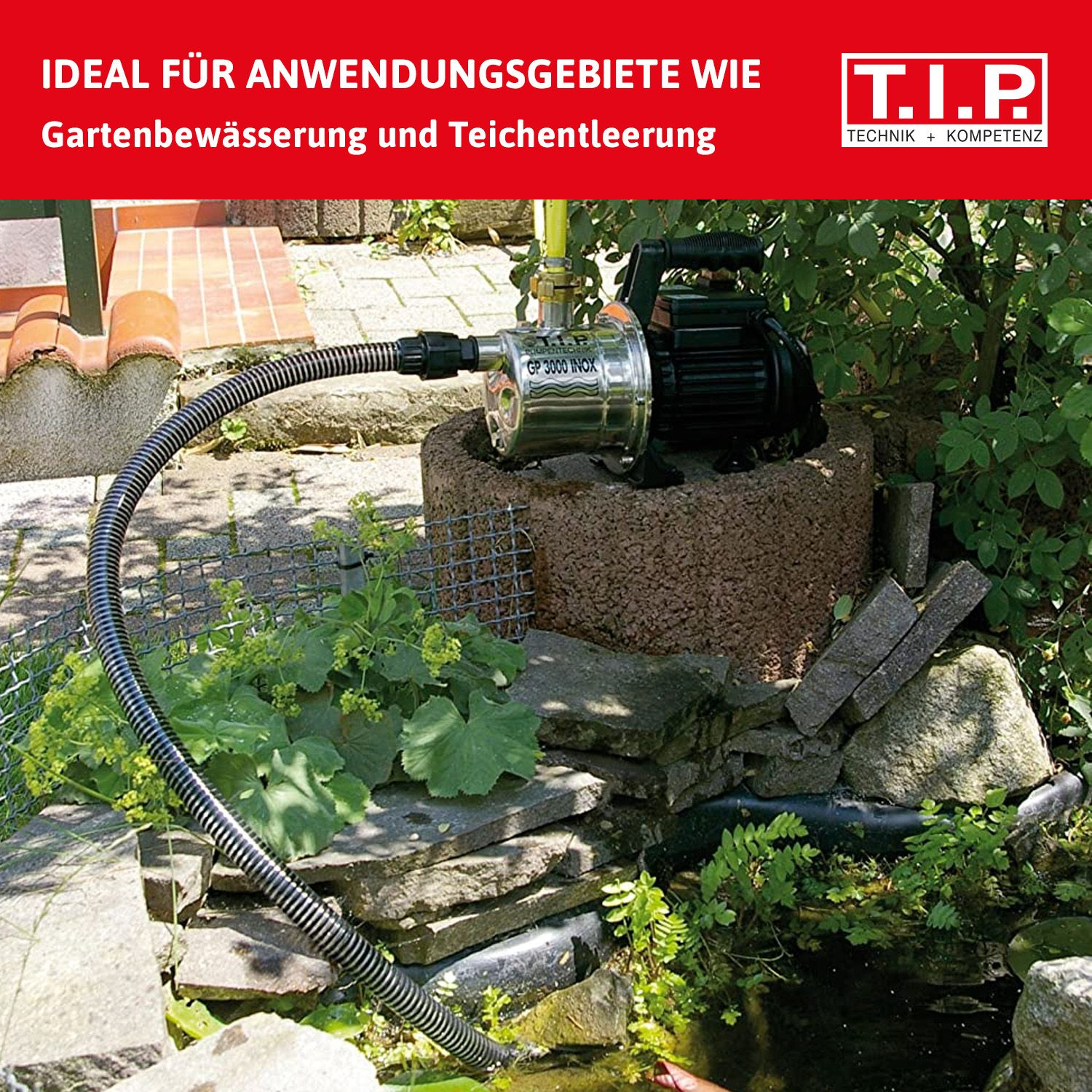 Eine Gartenpumpe sitzt auf einem Stein neben einem Teich mit Schläuchen und Pflanzen.