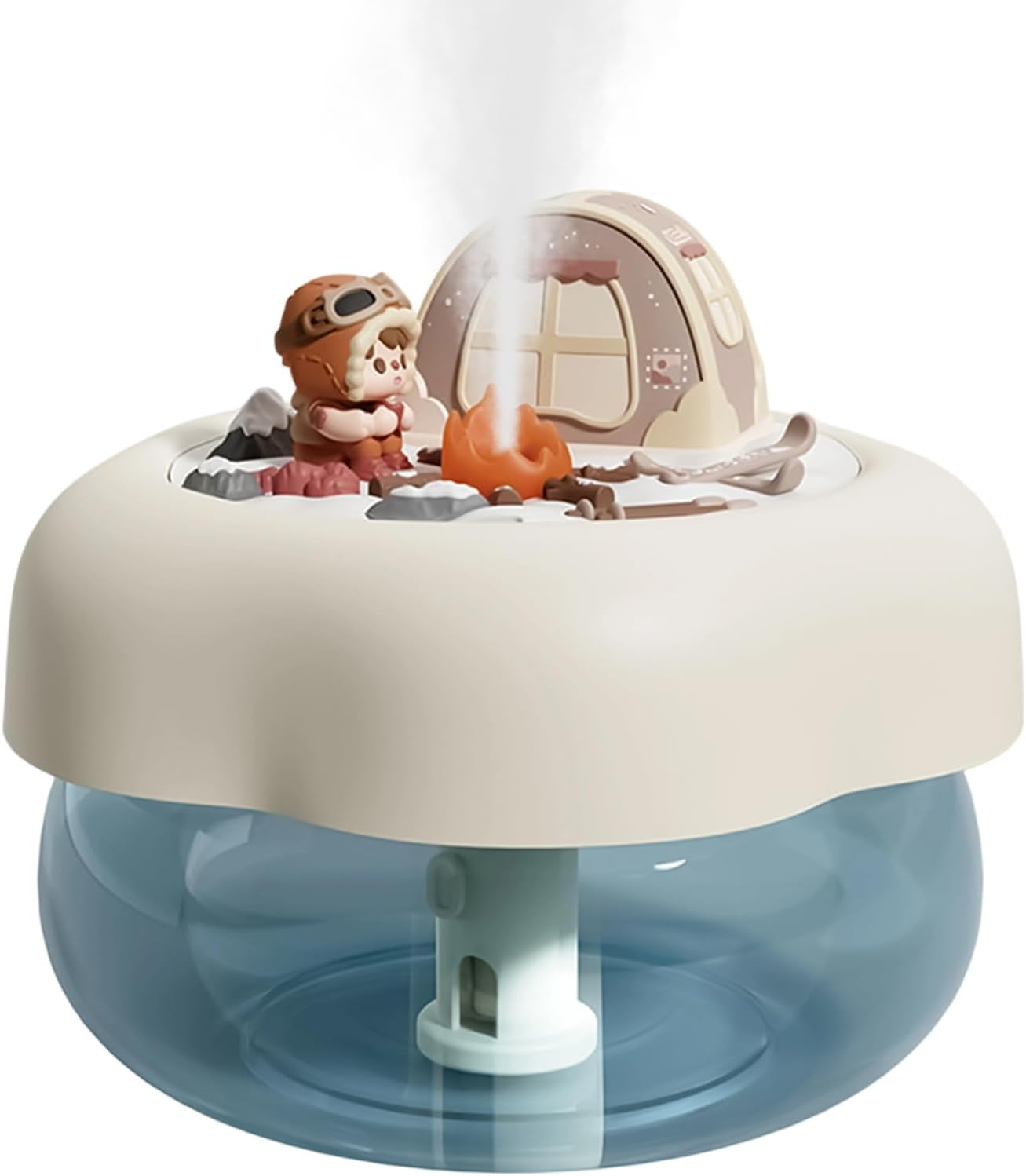 Mini-Szene mit Figur, Zelt, Lagerfeuer und Rauch auf einem Diffusor.