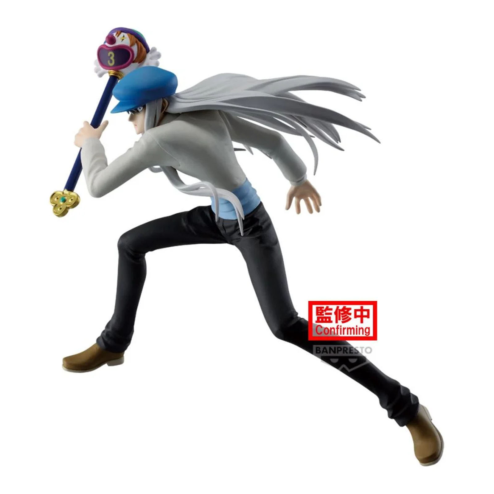 Figura de personaje con pelo blanco largo, gorra azul, sosteniendo un bastón con cara de payaso.