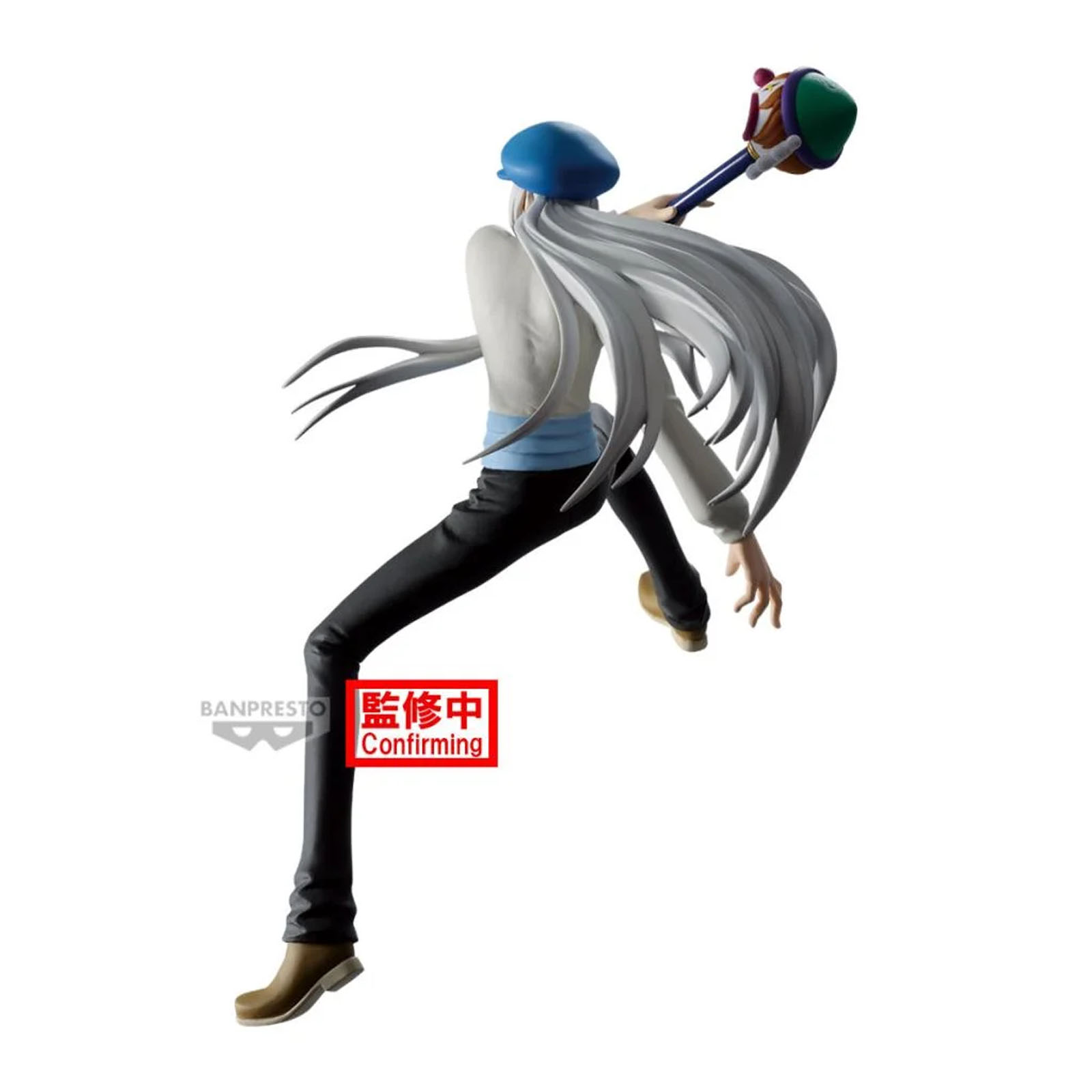 Se muestra una figura con pelo largo blanco, gorro azul y arma.