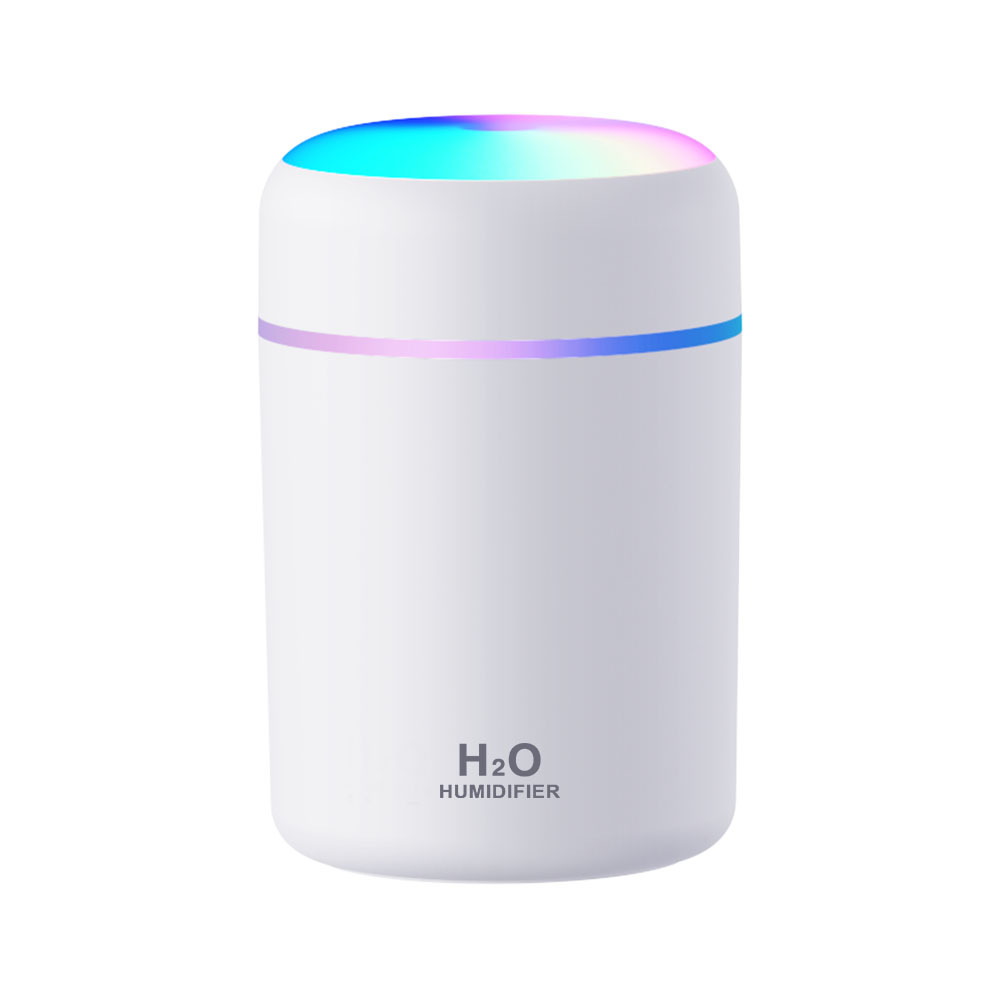 Ein weißer H2O-Luftbefeuchter mit bunten Lichtern oben und einem Streifen.
