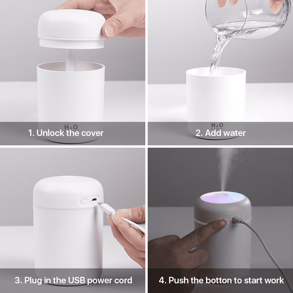 Vier Schritte zeigen, wie man einen weißen H2O-Luftbefeuchter benutzt: Deckel abnehmen, Wasser einfüllen, USB anschließen, Knopf drücken.
