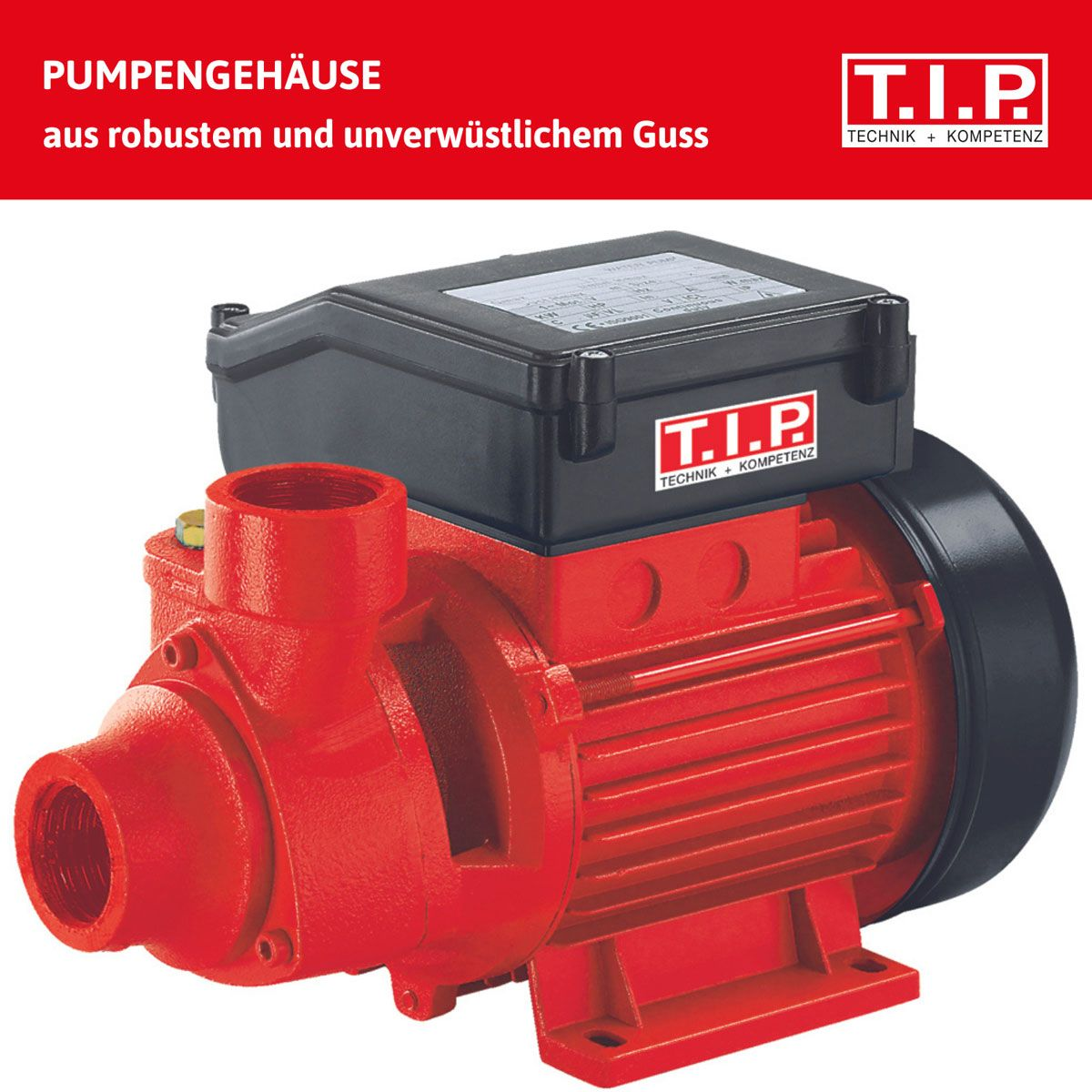 Rote Pumpe mit schwarzem Gehäuse und T.I.P. Logo