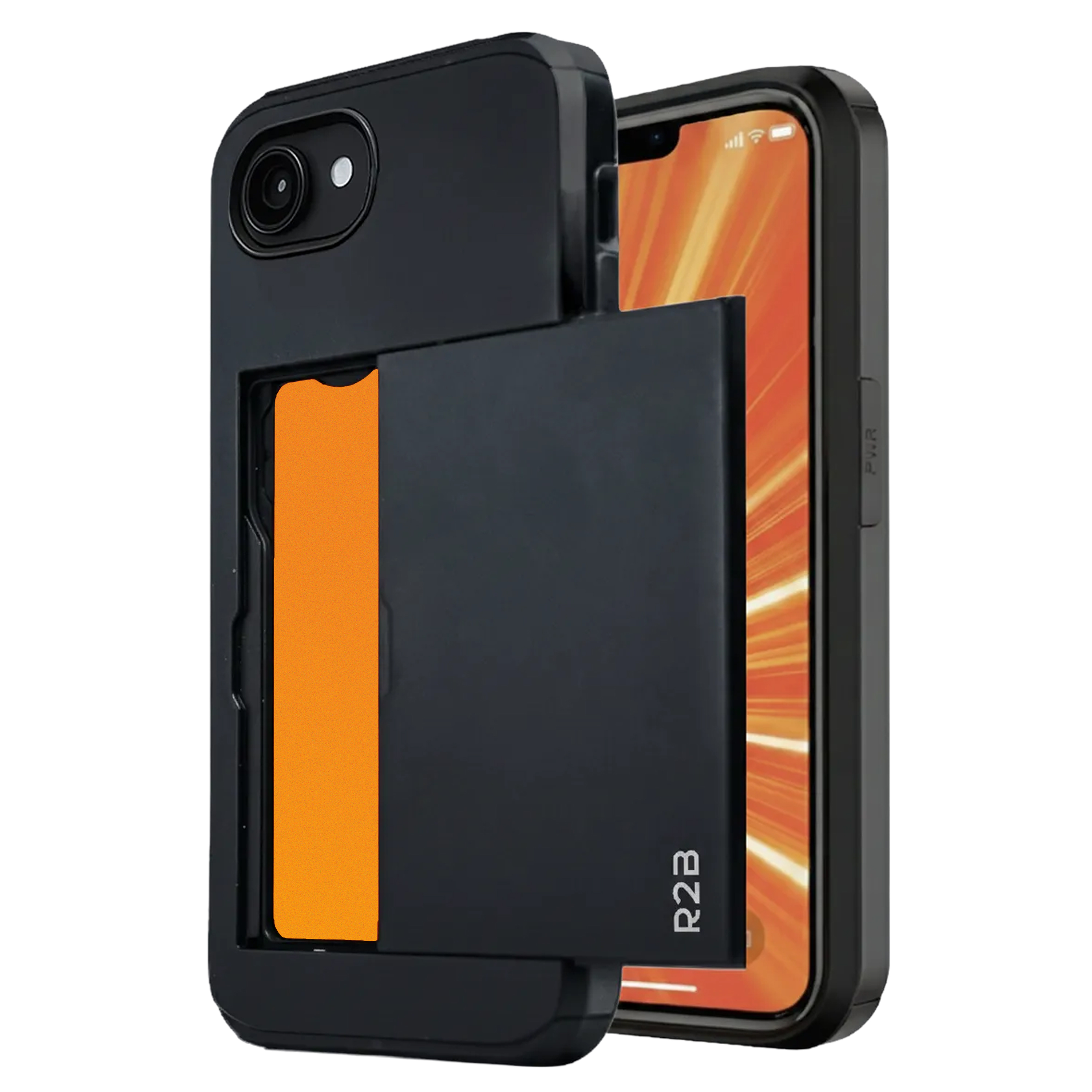 Zwarte telefoonhoes met kaartsleuf en oranje inzetstuk. iPhone met oranje achtergrond.